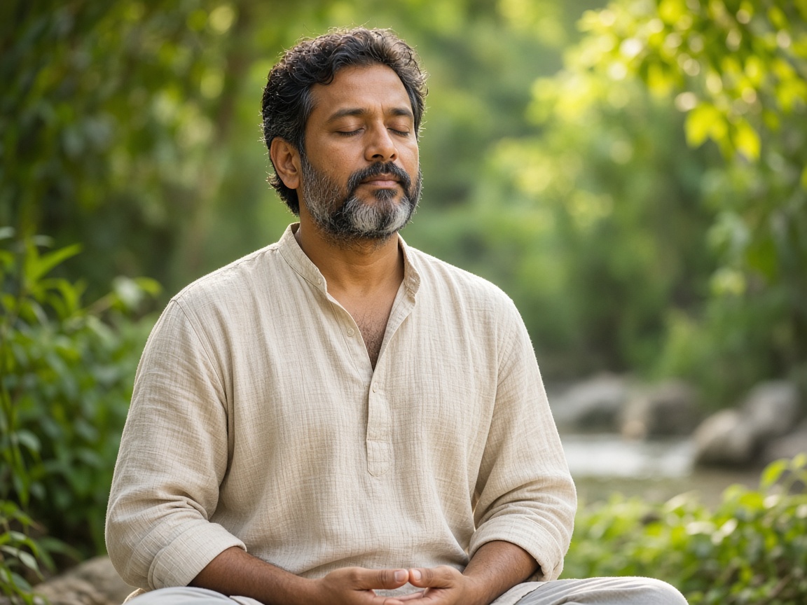 Indian man meditating peacefully outdoors as part of wellness and recovery support