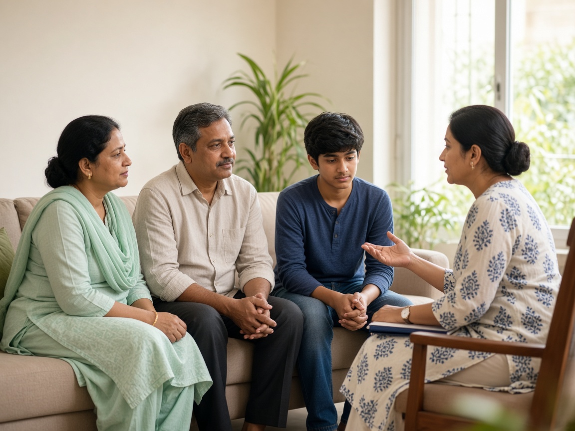 Indian family talking together in a supportive counselling environment