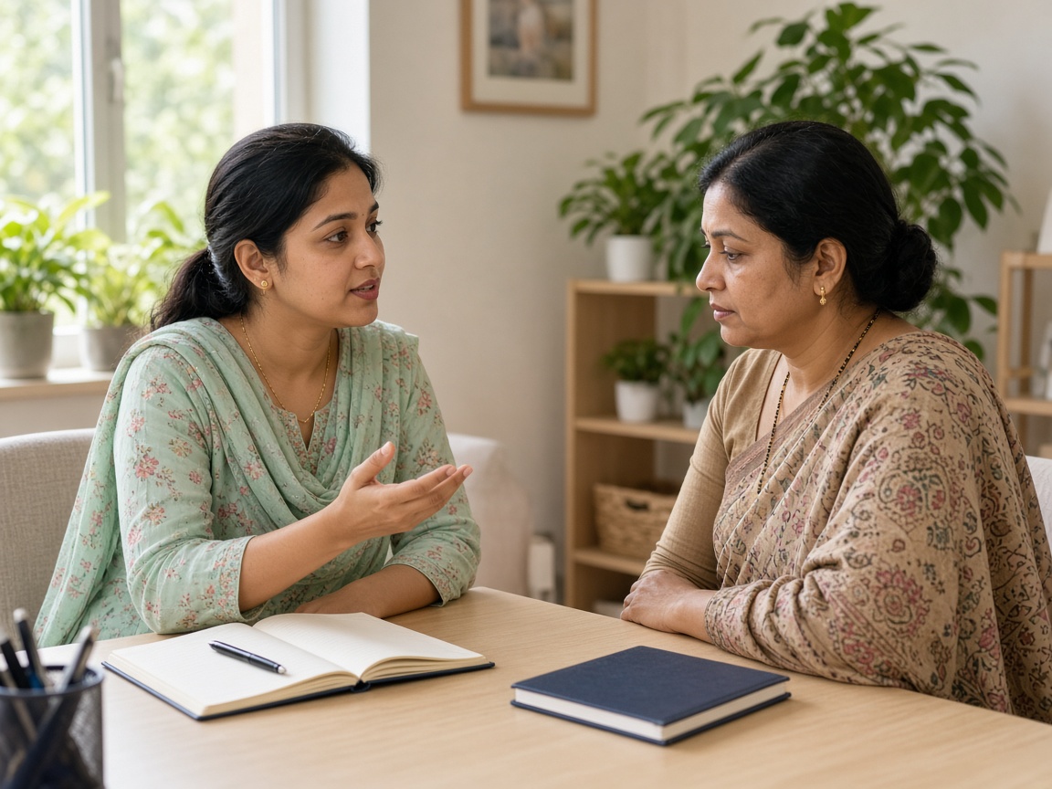 Indian counsellor supporting a mother in a calm therapy room