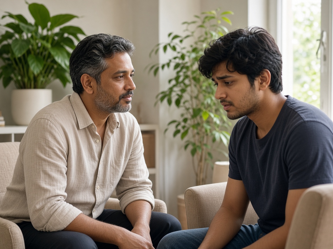 Indian counsellor listening empathetically to a young man