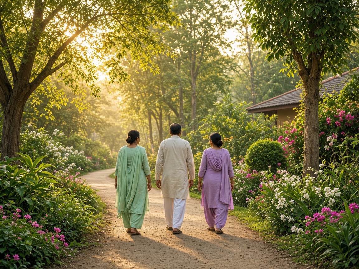 Indian people walking in a peaceful green wellness garden