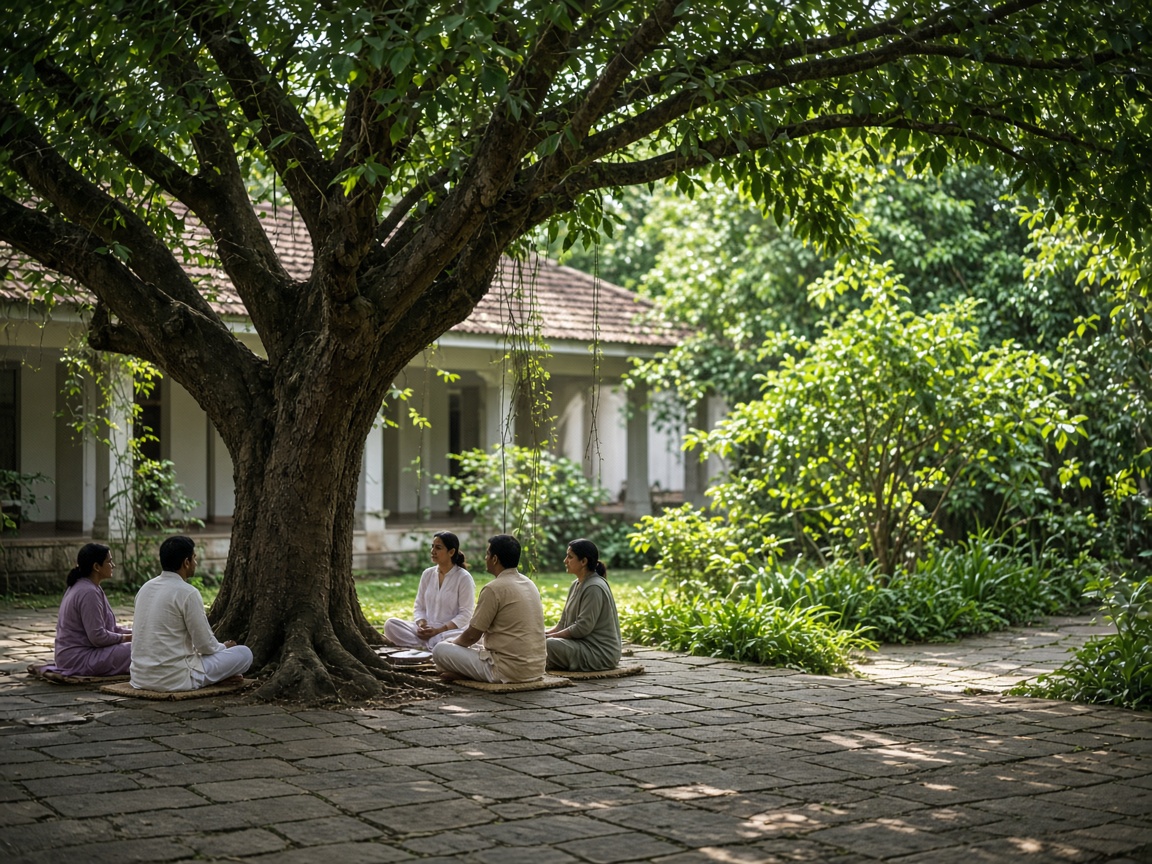 Calm courtyard garden with Indian people under a tree