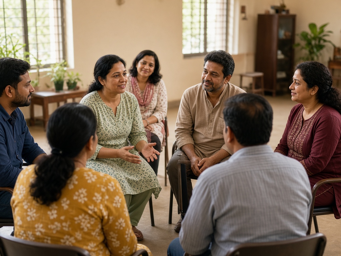 Indian men and women connecting through group support