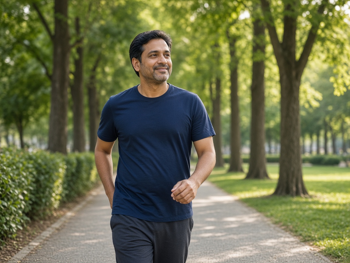 Indian man walking for healthy lifestyle during rehabilitation