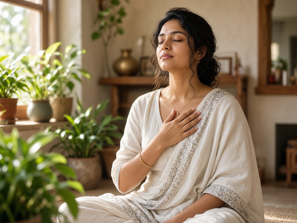 Indian woman practising mindful breathing for wellness