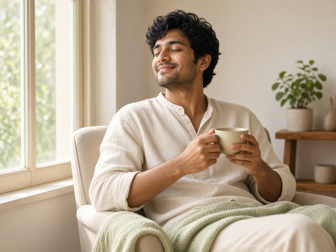 Indian young man enjoying peaceful self-care moment