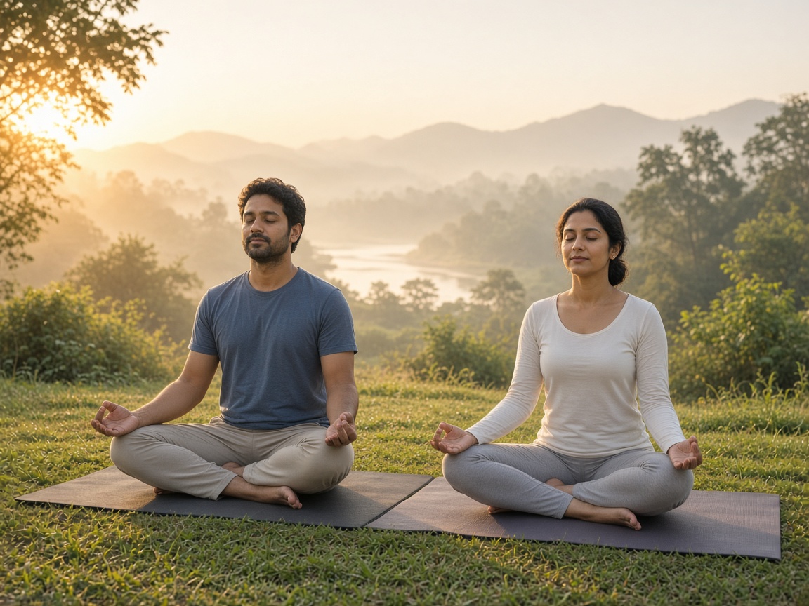 Indian couple practising yoga outdoors at sunrise