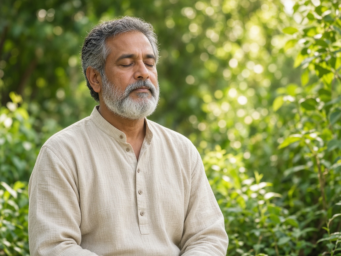 Indian man with grey beard meditating in a green garden