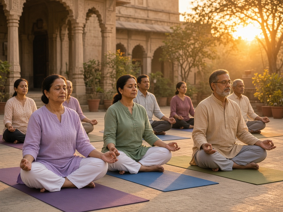 Indian group practising yoga together in a calm courtyard