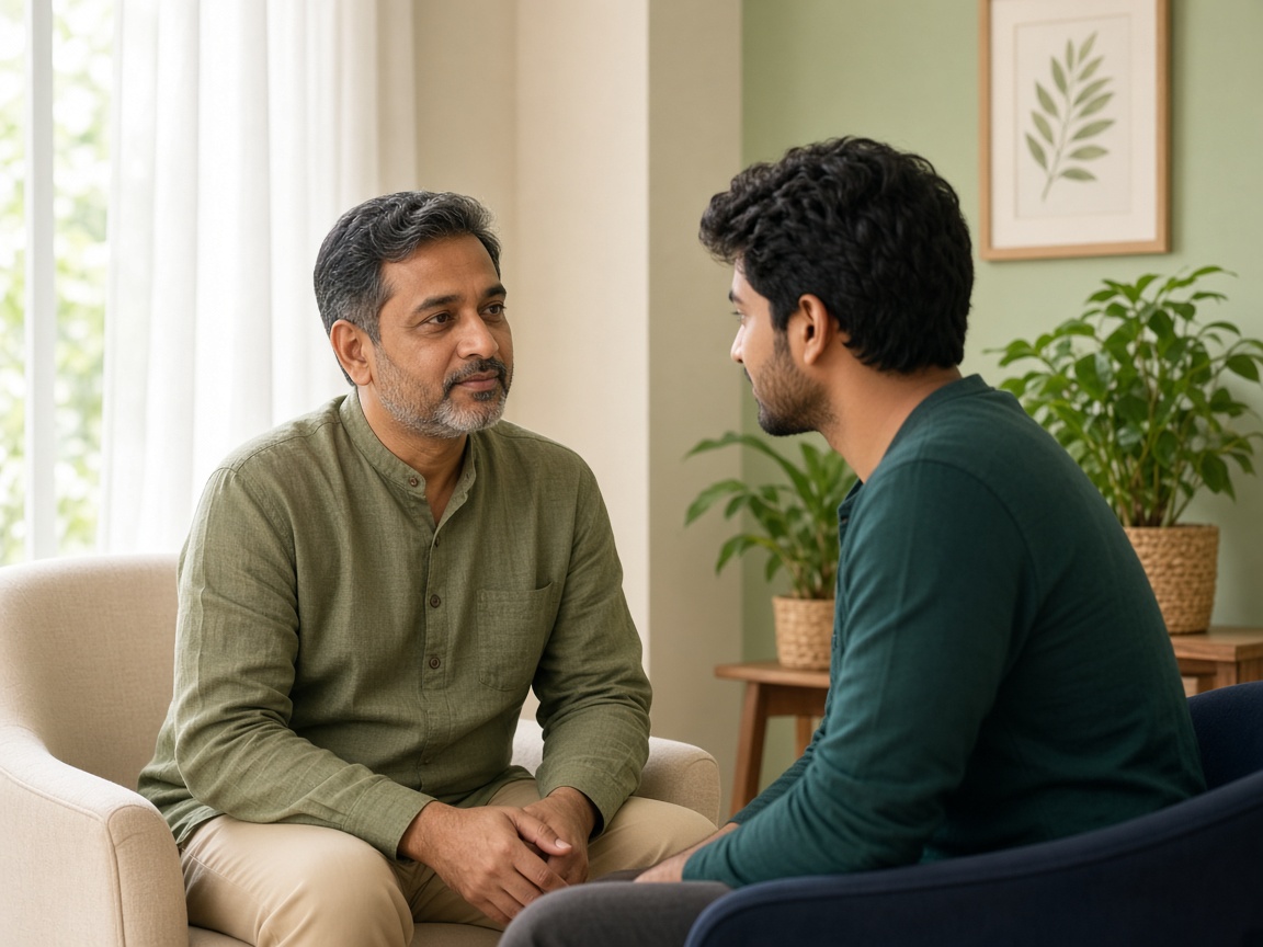 Indian counsellor supporting a young Indian man during addiction recovery conversation