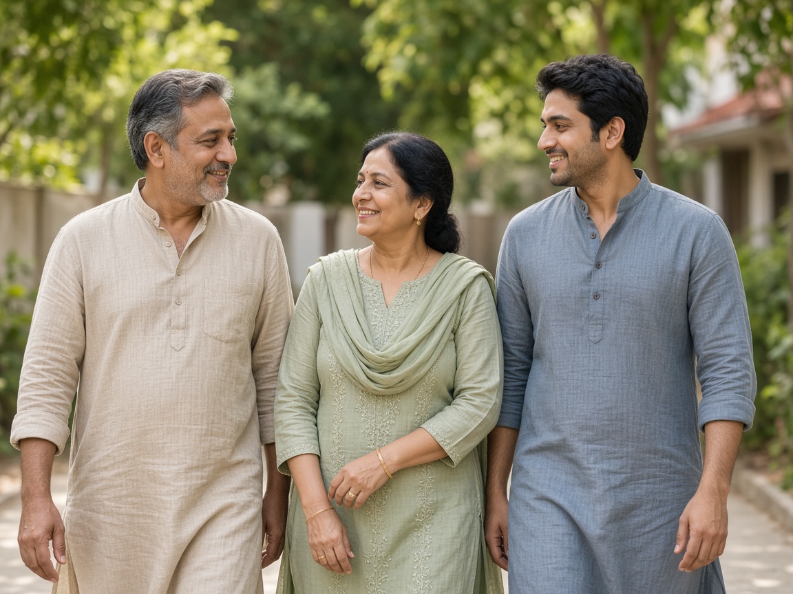 Happy Indian family walking together outdoors supporting a healthy recovery lifestyle