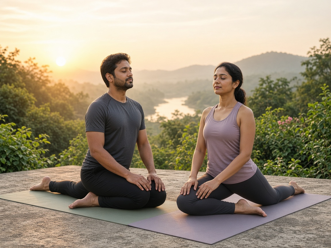 Indian man and woman practising yoga together outdoors at sunrise